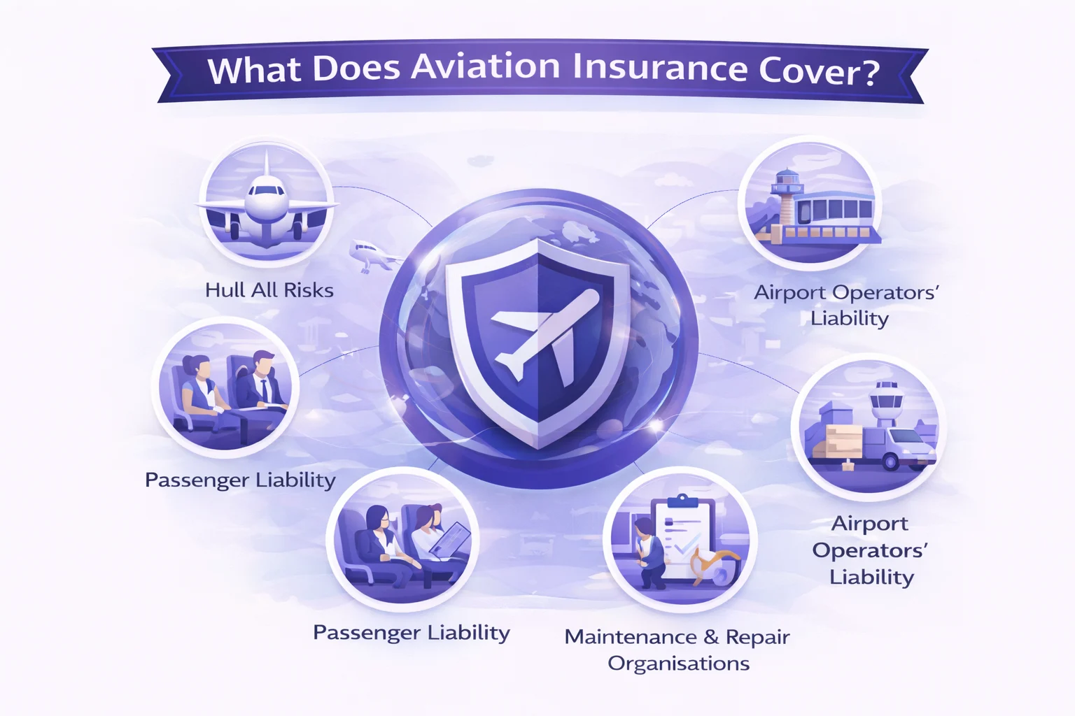 Diagram showing Aviation Insurance coverage areas: Hull, Third-Party Liability, Passenger Liability, Airport Liability