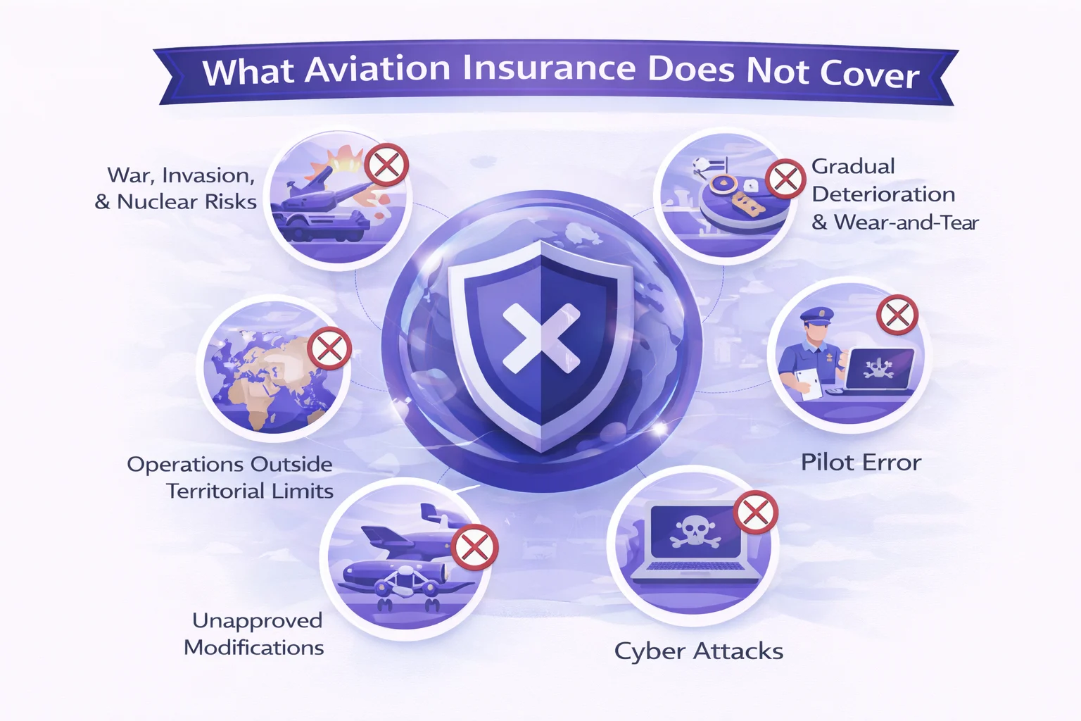 Illustration highlighting common Aviation Insurance exclusions like wear and tear, war risks, and pilot error