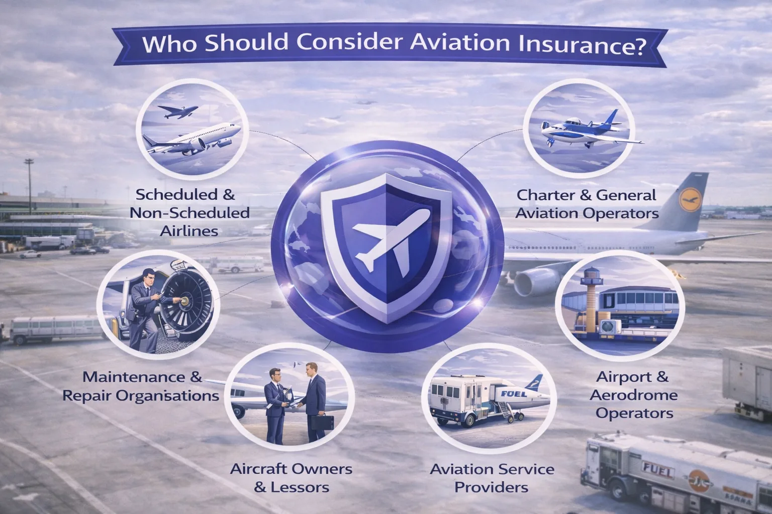 Collage of aviation entities: airline, private jet, airport, MRO hangar