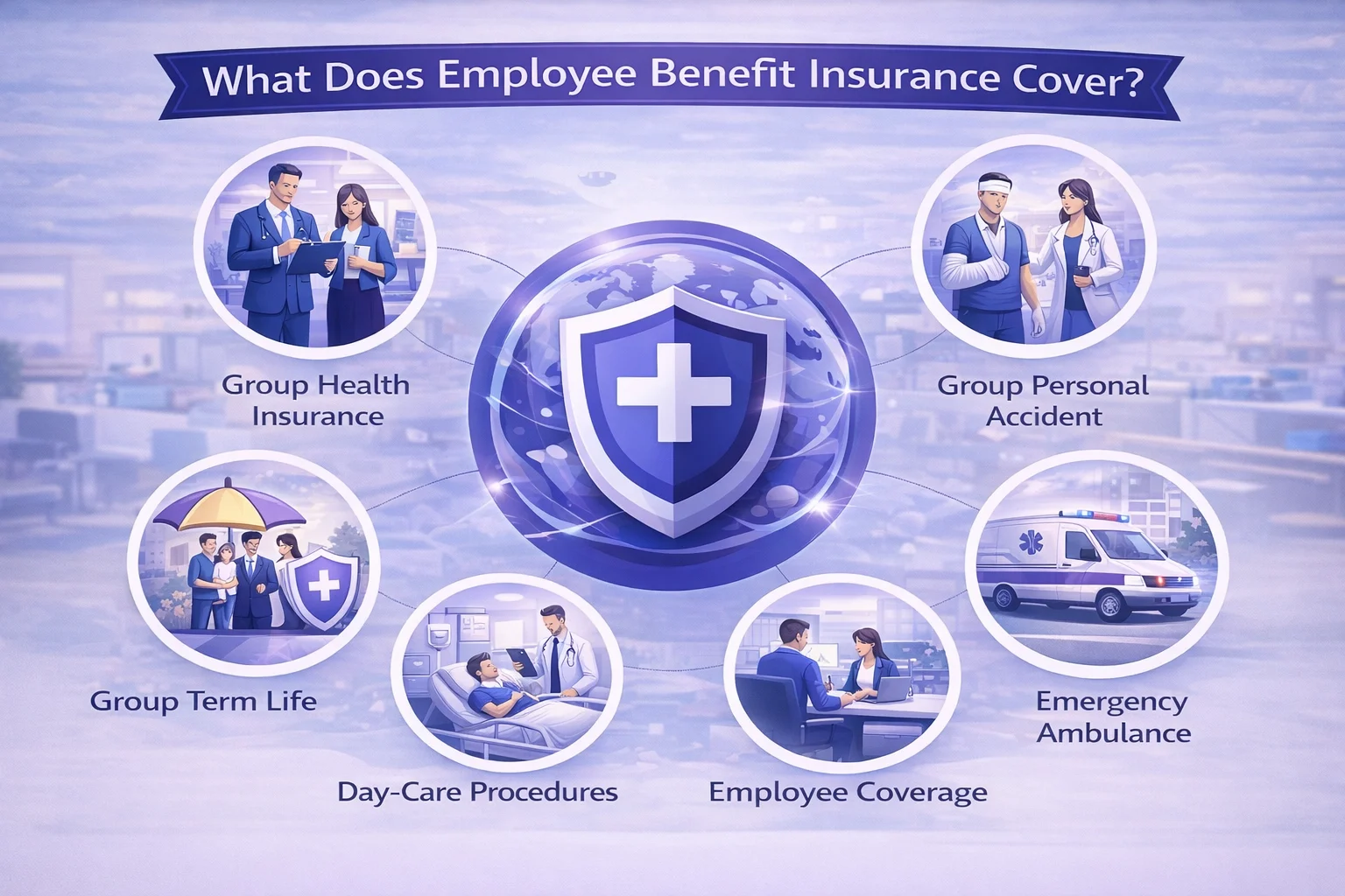 Visual breakdown of Employee Benefit Insurance coverage components: Group Health, Personal Accident, Term Life.