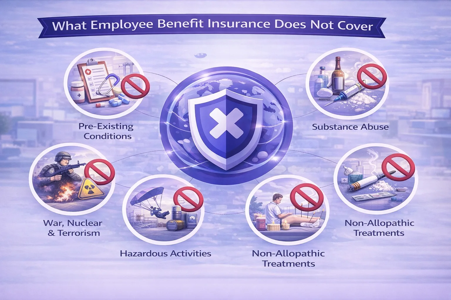 Illustration showing common exclusions in Employee Benefit Insurance like pre-existing conditions, cosmetic surgery, war risks.
