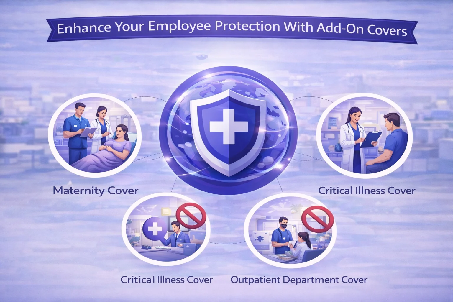 Visual showing layers of add-ons like Critical Illness, Maternity, OPD enhancing core employee benefits.