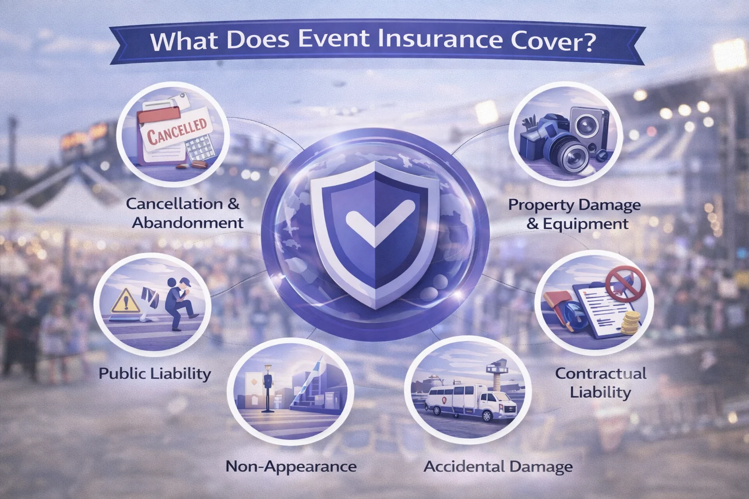 Illustration showing key components of event insurance coverage: cancellation, liability, property, and equipment.