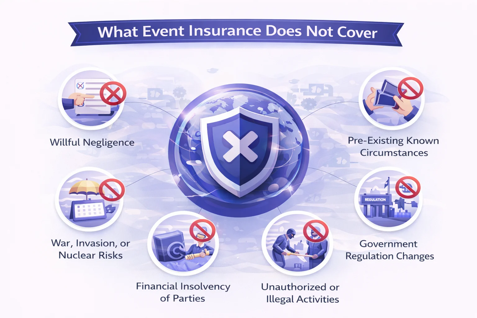 Visual showing common exclusions in event insurance like intentional acts, war, pre-existing conditions.