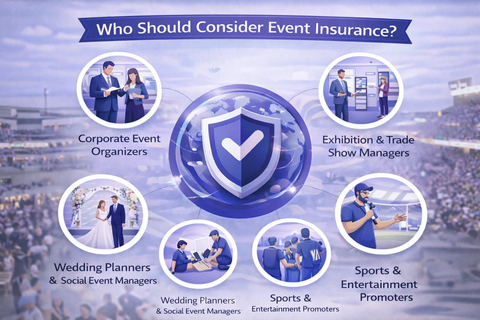 A diverse group of professionals planning an event, representing various industries that need event insurance.