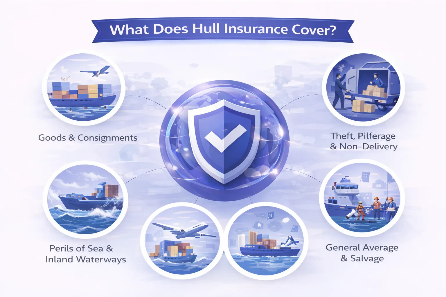 Illustration showing cargo protected across road, sea, rail, and air transport modes