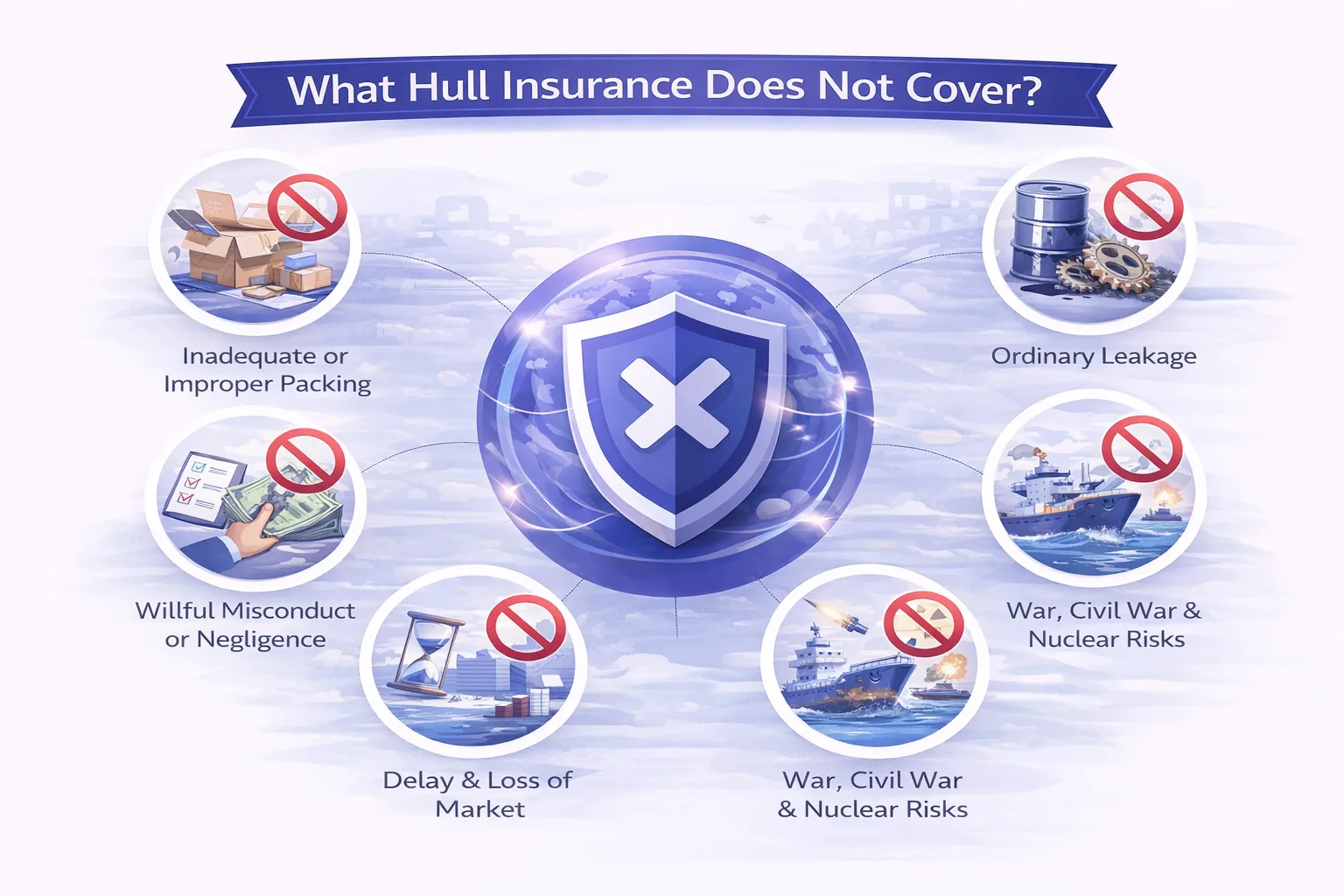 Illustration showing cargo with common exclusions like poor packing, delay, and wear & tear