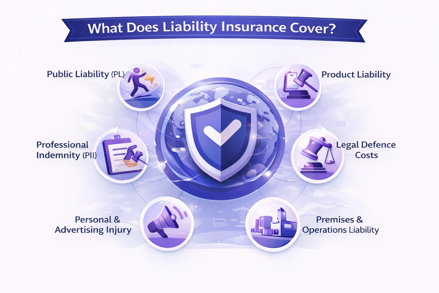 Diagram showing key areas of liability insurance coverage: Public, Product, Professional, and Environmental liabilities.