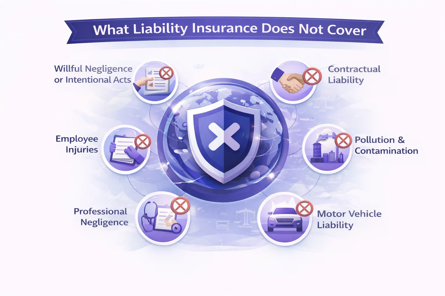 Illustration highlighting common exclusions in liability insurance like contractual liability, professional errors, pollution, and employee injuries.
