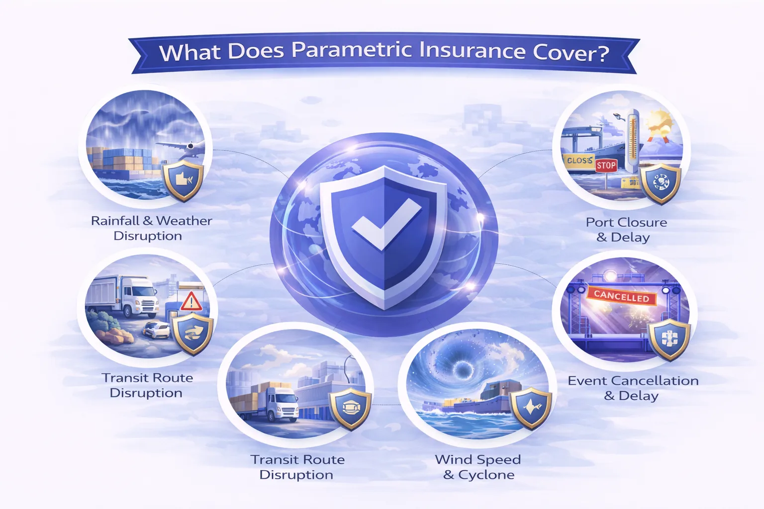 Visual representation of parametric triggers: weather data, port statistics, temperature readings triggering insurance coverage