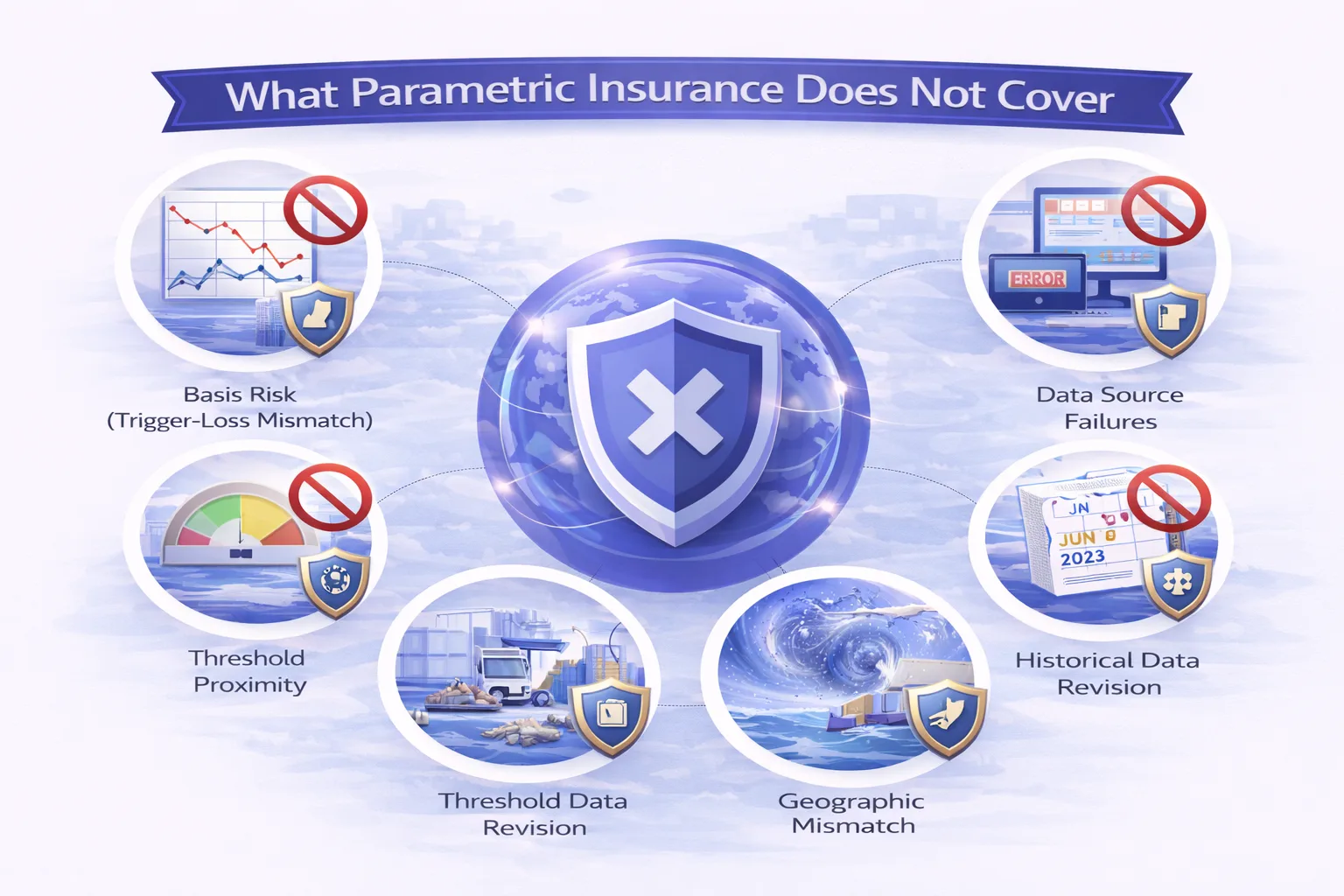 Illustration showing common parametric exclusions: data discrepancies, trigger thresholds not met, basis risk