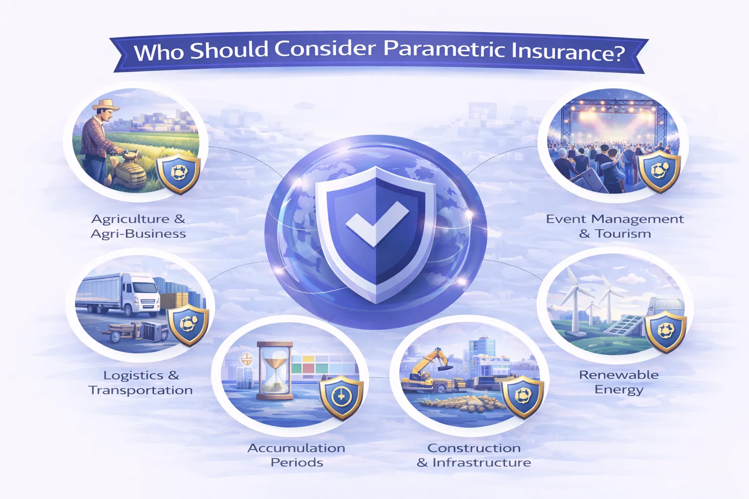Image showing diverse businesses like agriculture, logistics, events, and energy benefiting from parametric insurance