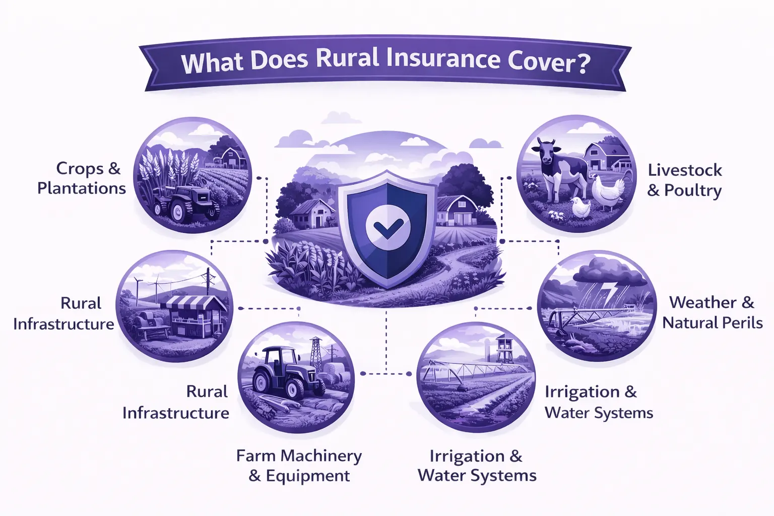 Farm landscape with crops, livestock, and machinery under protective shield